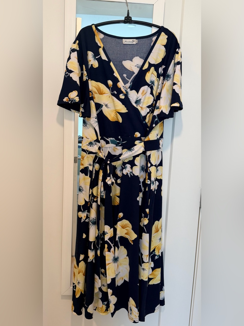 Wrap Midi Dress in Navy with Yellow Floral Print